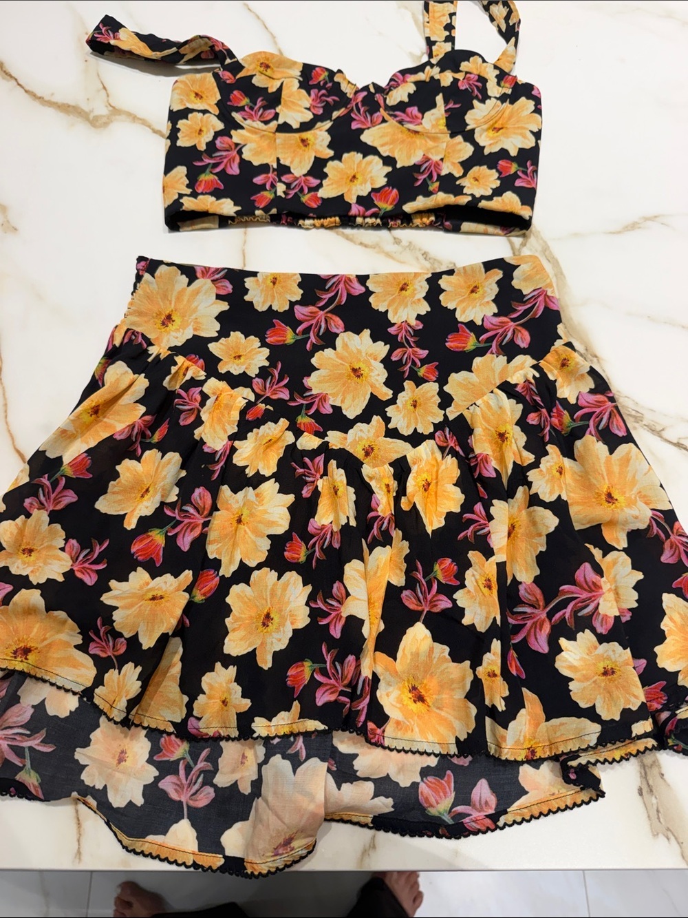 Agua Bendita Floral Black Crop Top & Skirt Set with Yellow Flowers - Picture 3 of 9